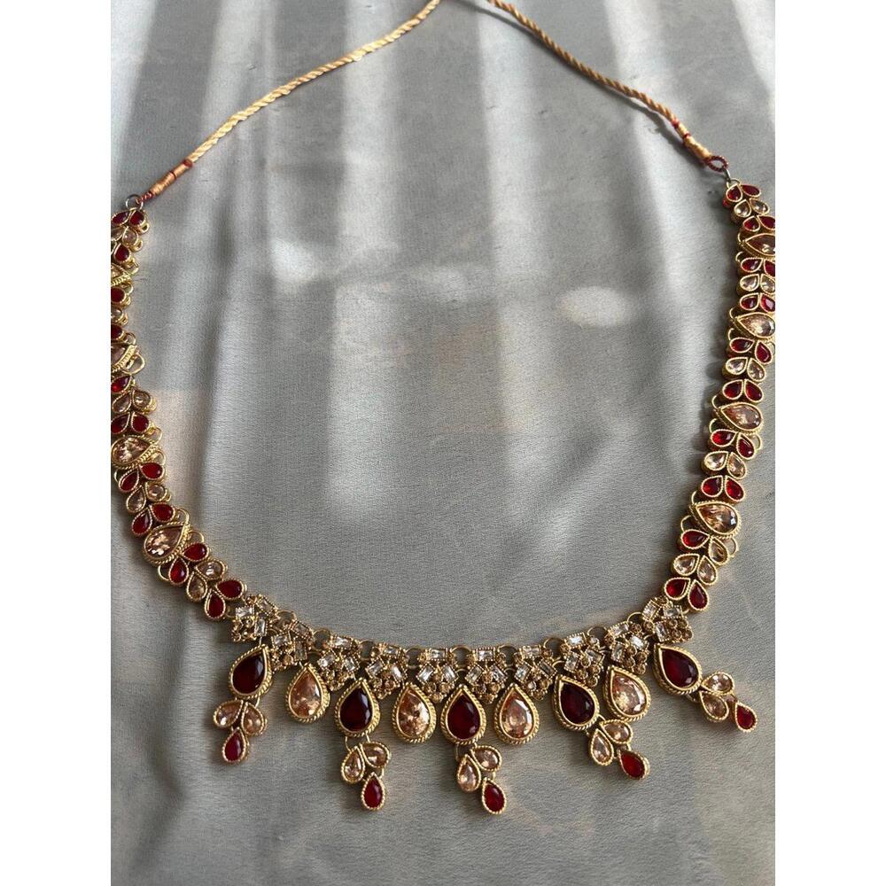 Gold & Red Gem Stone Adjustable Pakistani Indian Southasian Bengali Necklace - Picture 2 of 4